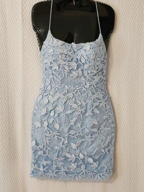 New Powder Blue Floral Lace Spaghetti Strap Mini Dress SIZE 2